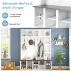 ON-TREND Farmhouse Wooden Style Hall Tree with 6 Hooks, Practical Walnut Storage Bench with Adjustable Shelves, 4-in-1 Entryway Shoe Cabinet with 13 Cubbies for Mudroom, Living Room, White, 76.7'H