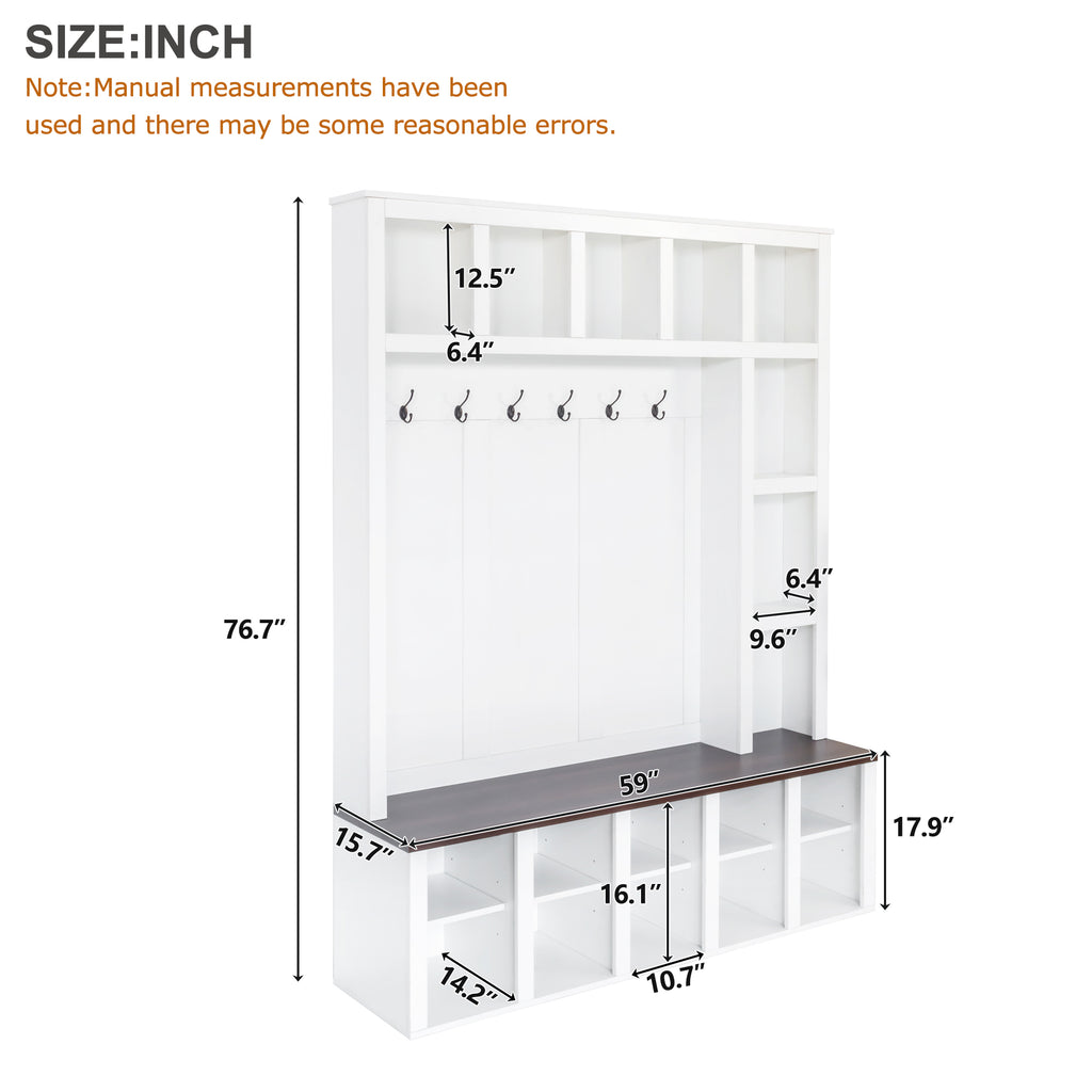 ON-TREND Farmhouse Wooden Style Hall Tree with 6 Hooks, Practical Walnut Storage Bench with Adjustable Shelves, 4-in-1 Entryway Shoe Cabinet with 13 Cubbies for Mudroom, Living Room, White, 76.7'H