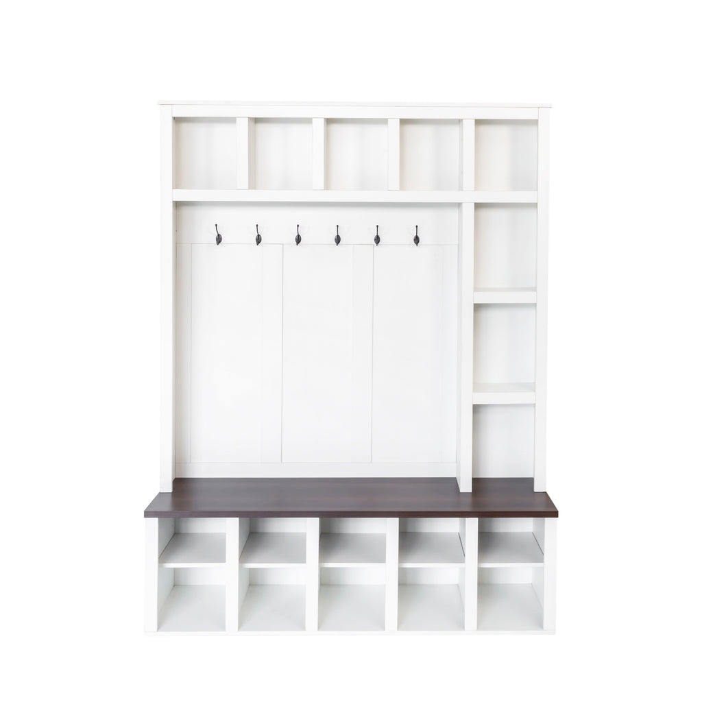 ON-TREND Farmhouse Wooden Style Hall Tree with 6 Hooks, Practical Walnut Storage Bench with Adjustable Shelves, 4-in-1 Entryway Shoe Cabinet with 13 Cubbies for Mudroom, Living Room, White, 76.7'H