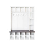 ON-TREND Farmhouse Wooden Style Hall Tree with 6 Hooks, Practical Walnut Storage Bench with Adjustable Shelves, 4-in-1 Entryway Shoe Cabinet with 13 Cubbies for Mudroom, Living Room, White, 76.7'H