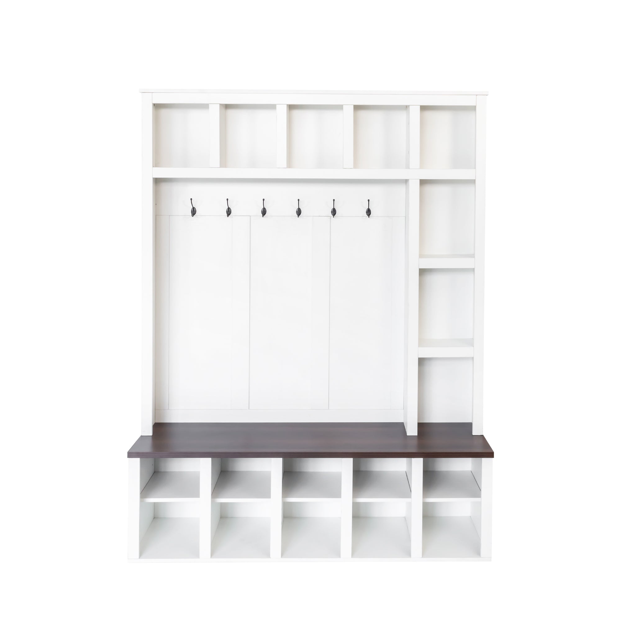 ON-TREND Farmhouse Wooden Style Hall Tree with 6 Hooks, Practical Walnut Storage Bench with Adjustable Shelves, 4-in-1 Entryway Shoe Cabinet with 13 Cubbies for Mudroom, Living Room, White, 76.7'H