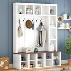 ON-TREND Farmhouse Wooden Style Hall Tree with 6 Hooks, Practical Walnut Storage Bench with Adjustable Shelves, 4-in-1 Entryway Shoe Cabinet with 13 Cubbies for Mudroom, Living Room, White, 76.7'H