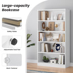 5 Shelf White Bookcase 60 inch Tall Wood Bookshelf for Bedroom