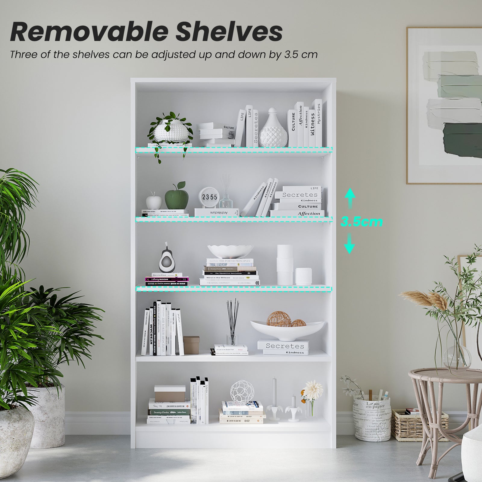 5 Shelf White Bookcase 60 inch Tall Wood Bookshelf for Bedroom