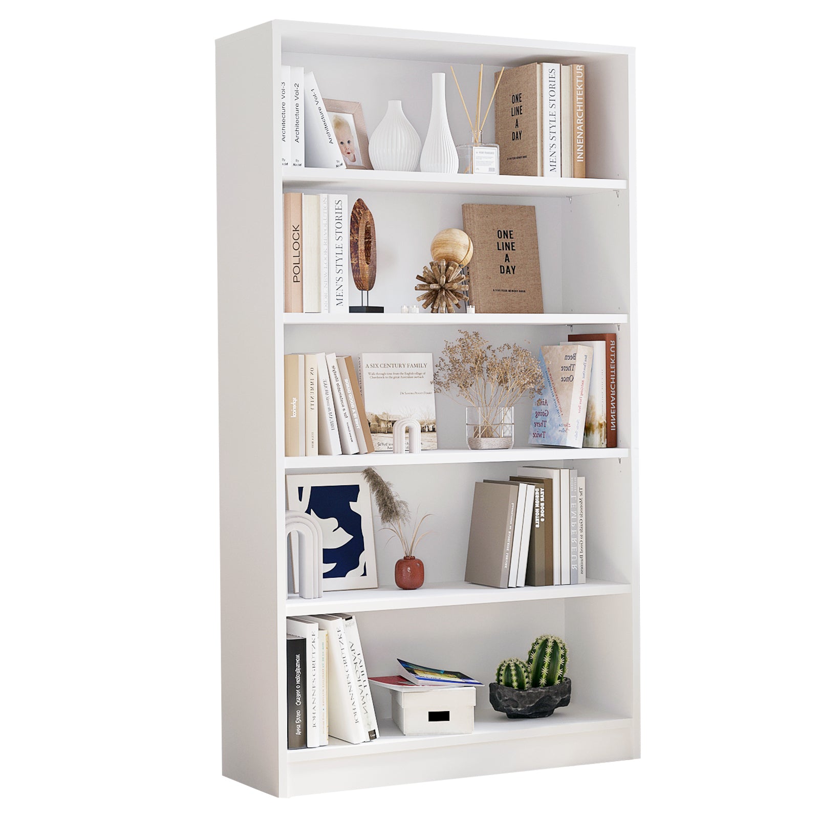 5 Shelf White Bookcase 60 inch Tall Wood Bookshelf for Bedroom