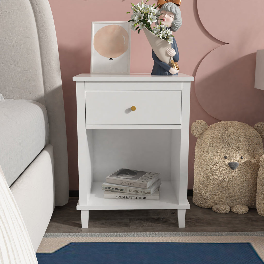 26.77''H Wooden Nightstand with One Drawer One Shelf for Kids, Adults, White - Groovy Boardz