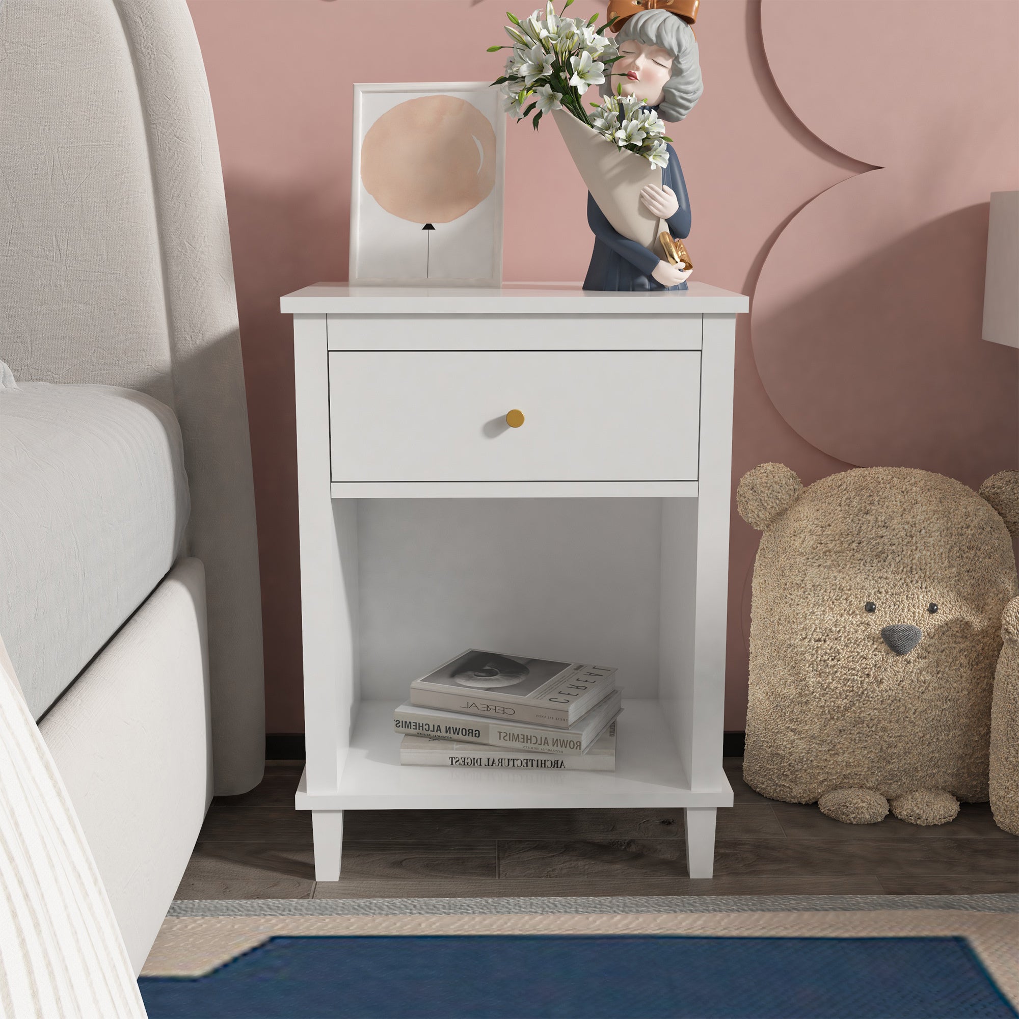 26.77''H Wooden Nightstand with One Drawer One Shelf for Kids, Adults, White - Groovy Boardz