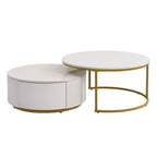 Modern Round Nesting Coffee Table Fluted with Drawer in White & Gold in 31.5''
