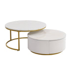 Modern Round Nesting Coffee Table Fluted with Drawer in White & Gold in 31.5''