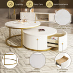 Modern Round Nesting Coffee Table Fluted with Drawer in White & Gold in 31.5''
