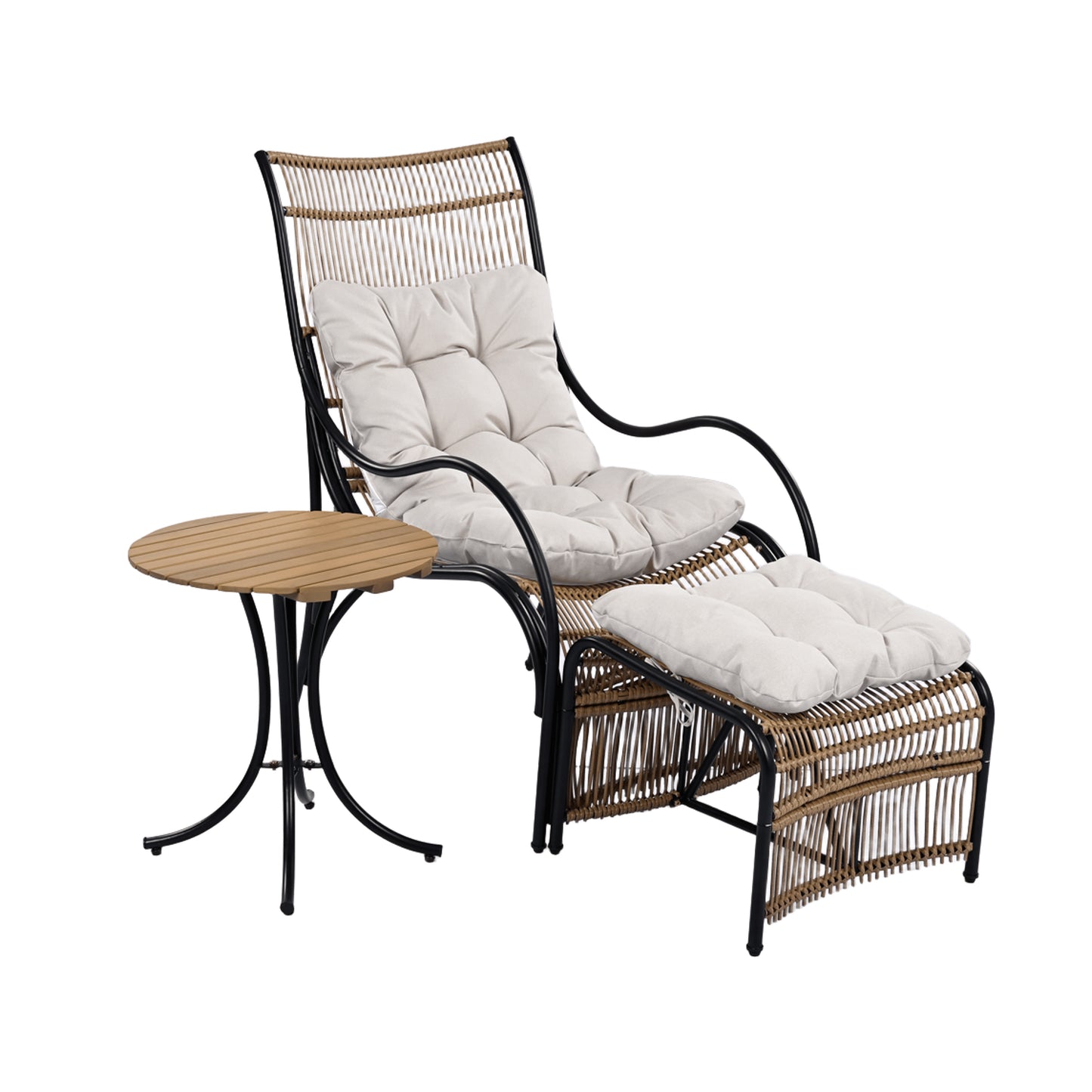 3 Pieces Wicker Outdoor Patio Furniture Set with Lounge Chair, Balcony Chairs Table Set with Cushions, Ottoman, Patio Conversation Sets for Garden ,Deck,and Porch, Black & Natural & Beige - Groovy Boardz