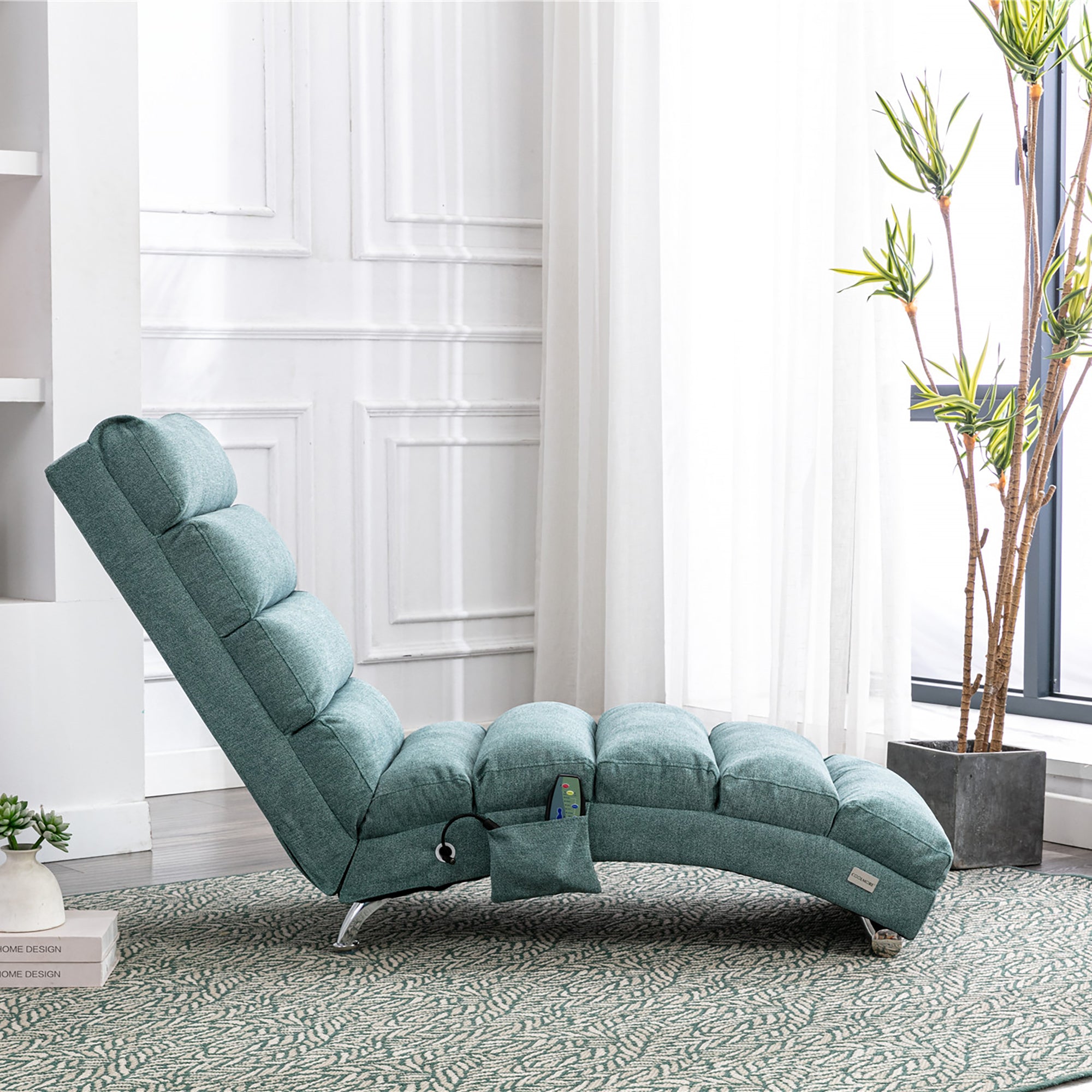 Ergonomic Electric Massage Chaise Lounge with Remote Control, Teal Linen Upholstery, 5 Modes for Relaxation