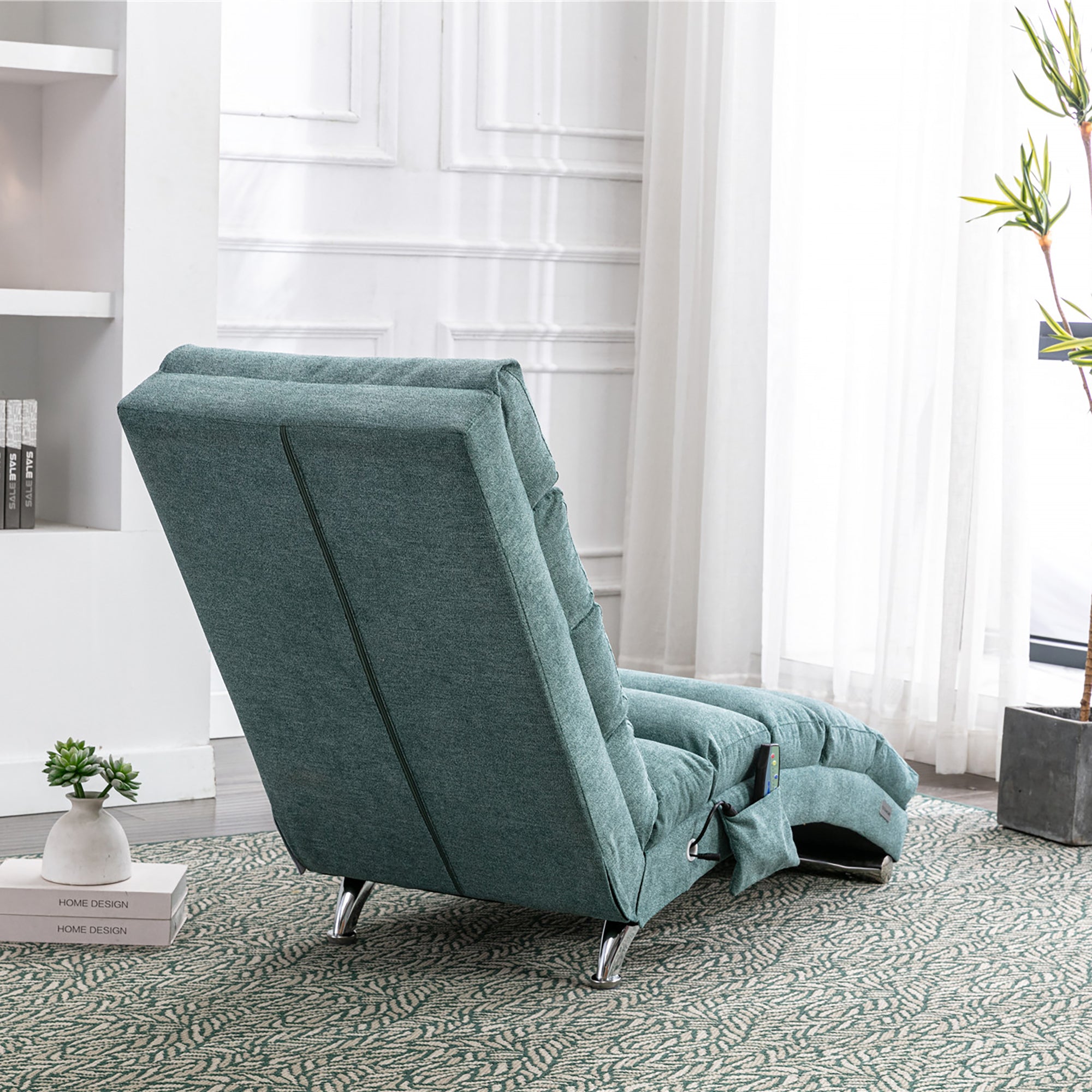 Ergonomic Electric Massage Chaise Lounge with Remote Control, Teal Linen Upholstery, 5 Modes for Relaxation