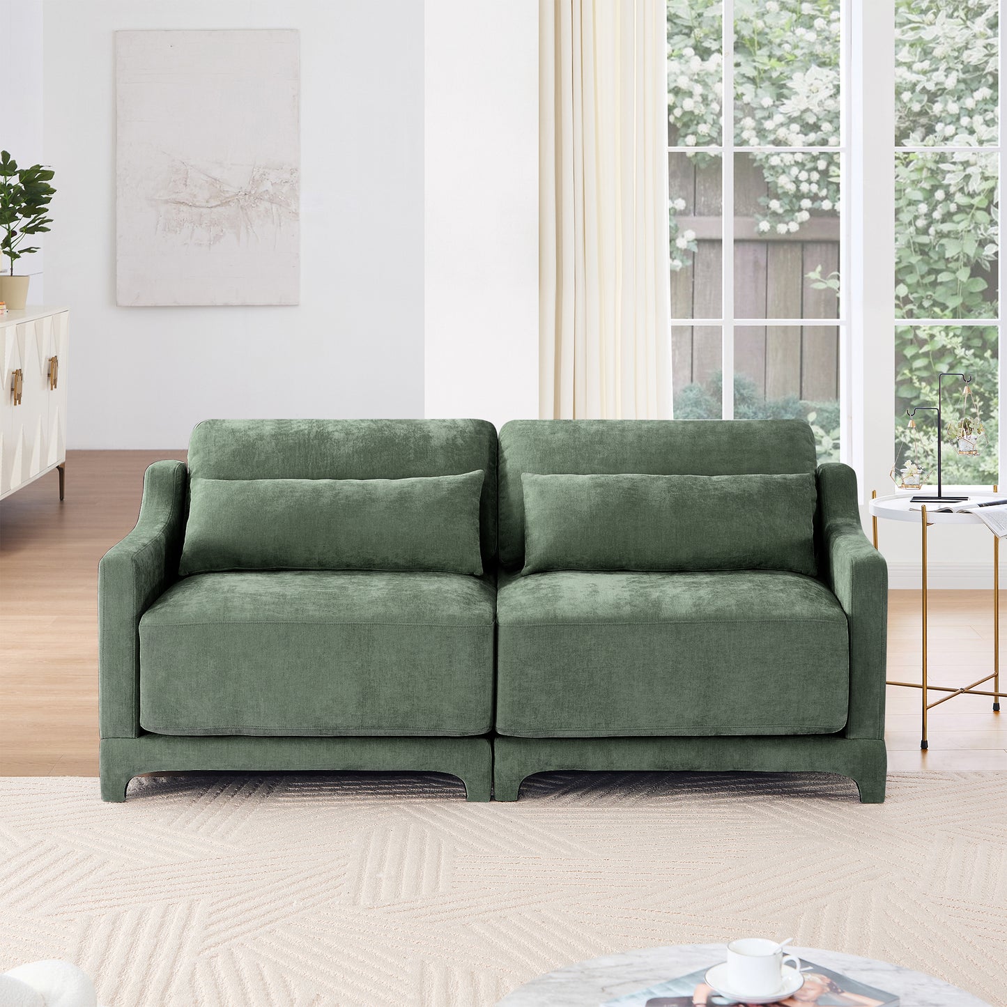 Two -seater Chenille Fabric sofa, 2 lumbar pillows,Ergonomic, high - quality wood frame, resilient sponge,Easy install, elegant armrests,Fits bedrooms, living rooms, reading nooks,Green