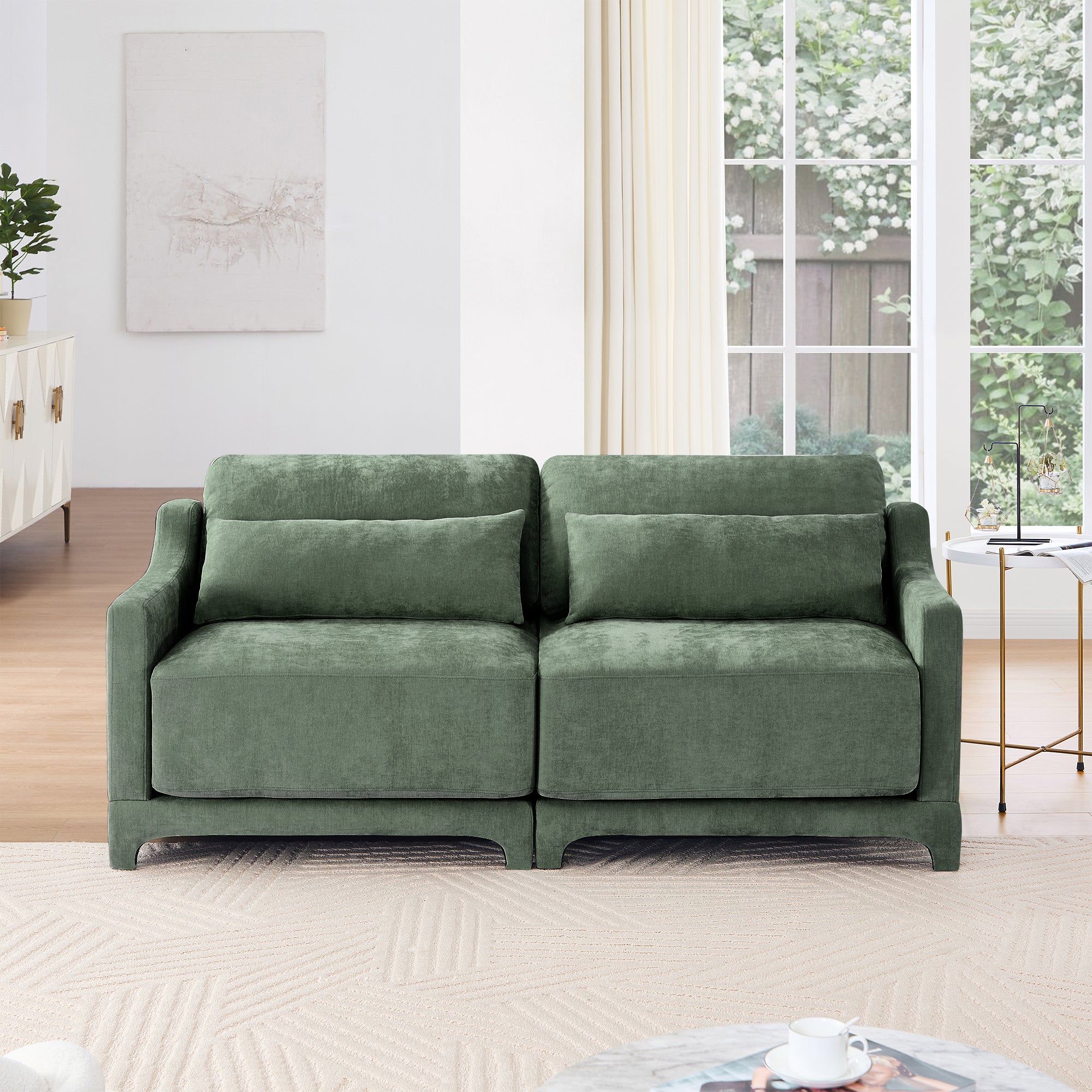 Two -seater Chenille Fabric sofa, 2 lumbar pillows,Ergonomic, high - quality wood frame, resilient sponge,Easy install, elegant armrests,Fits bedrooms, living rooms, reading nooks,Green
