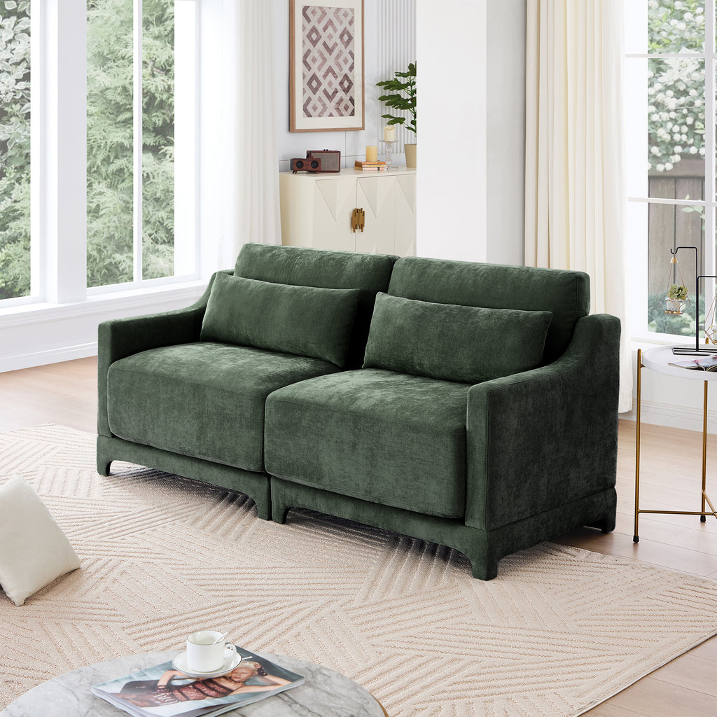 Two -seater Chenille Fabric sofa, 2 lumbar pillows,Ergonomic, high - quality wood frame, resilient sponge,Easy install, elegant armrests,Fits bedrooms, living rooms, reading nooks,Green