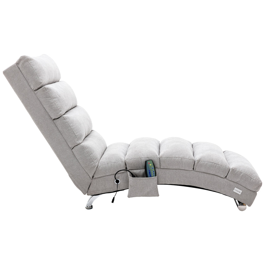 Light Grey Linen Massage Chaise Lounge Indoor with Remote Control, Ergonomic Electric Massage Lounger with 5 Modes
