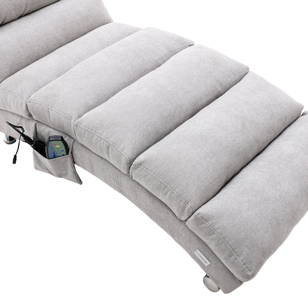 Light Grey Linen Massage Chaise Lounge Indoor with Remote Control, Ergonomic Electric Massage Lounger with 5 Modes