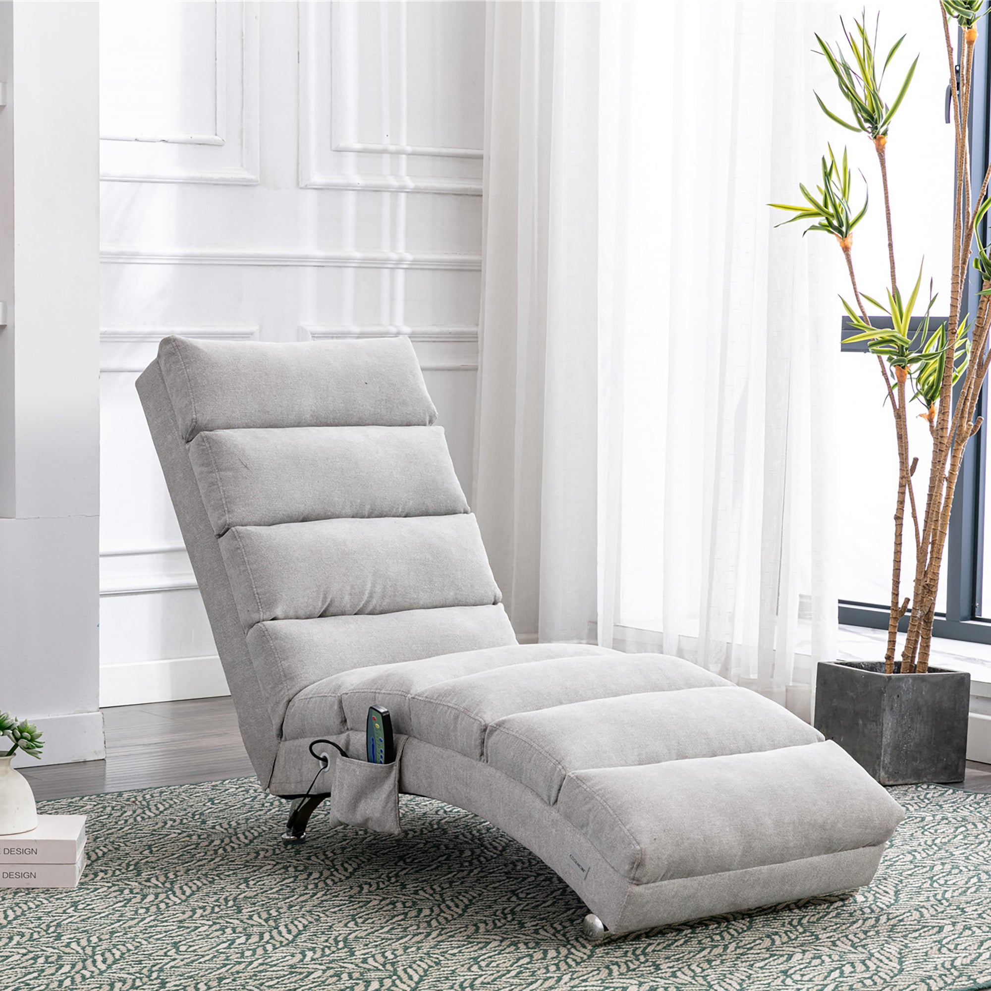 Light Grey Linen Massage Chaise Lounge Indoor with Remote Control, Ergonomic Electric Massage Lounger with 5 Modes