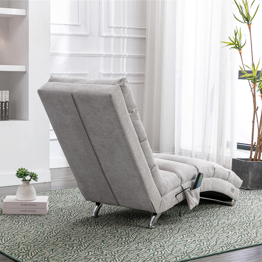 Light Grey Linen Massage Chaise Lounge Indoor with Remote Control, Ergonomic Electric Massage Lounger with 5 Modes