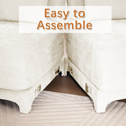 Four - seater sofa, 1 movable ottoman, Chenille fabric, high - quality wooden base, ergonomic, High - resilient sponge, easy install, Suits studies, living rooms, lounges,White