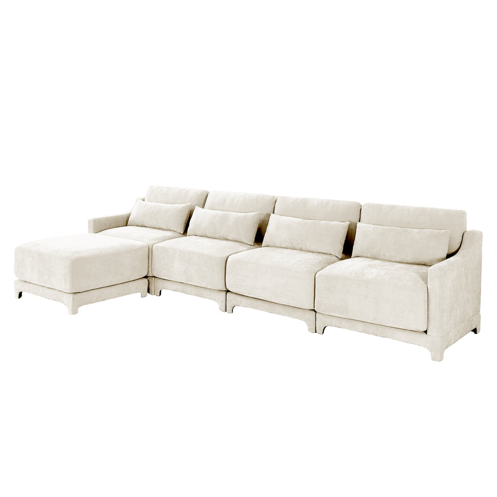 Four - seater sofa, 1 movable ottoman, Chenille fabric, high - quality wooden base, ergonomic, High - resilient sponge, easy install, Suits studies, living rooms, lounges,White