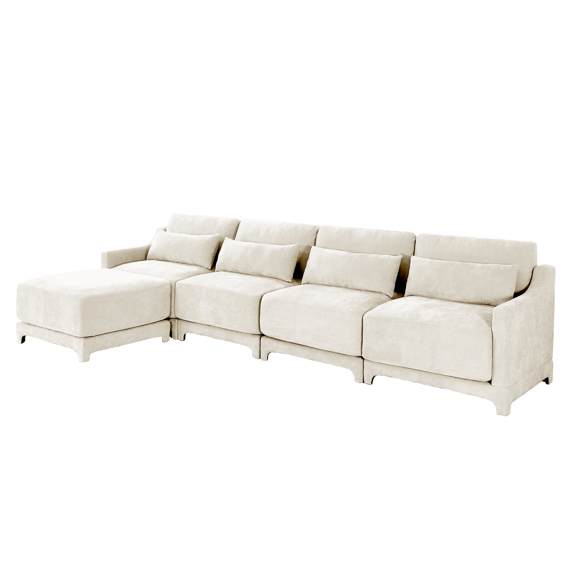 Four - seater sofa, 1 movable ottoman, Chenille fabric, high - quality wooden base, ergonomic, High - resilient sponge, easy install, Suits studies, living rooms, lounges,White