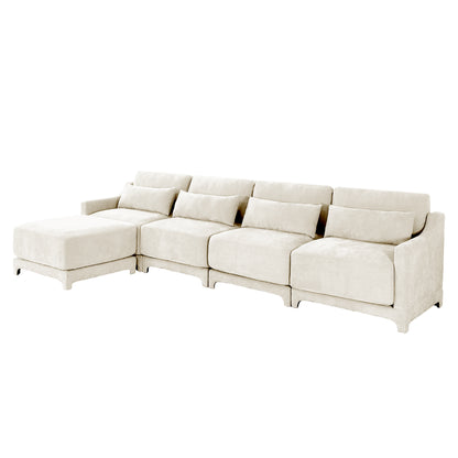Four - seater sofa, 1 movable ottoman, Chenille fabric, high - quality wooden base, ergonomic, High - resilient sponge, easy install, Suits studies, living rooms, lounges,White
