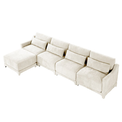 Four - seater sofa, 1 movable ottoman, Chenille fabric, high - quality wooden base, ergonomic, High - resilient sponge, easy install, Suits studies, living rooms, lounges,White