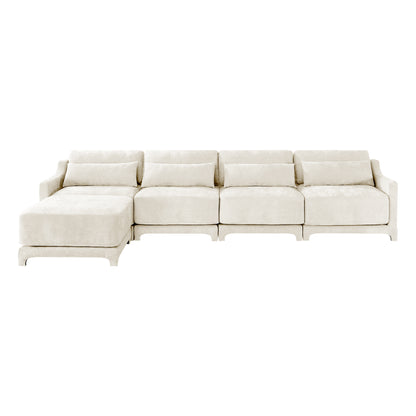 Four - seater sofa, 1 movable ottoman, Chenille fabric, high - quality wooden base, ergonomic, High - resilient sponge, easy install, Suits studies, living rooms, lounges,White