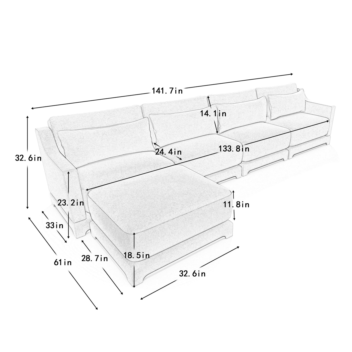 Four - seater sofa, 1 movable ottoman, Chenille fabric, high - quality wooden base, ergonomic, High - resilient sponge, easy install, Suits studies, living rooms, lounges,White