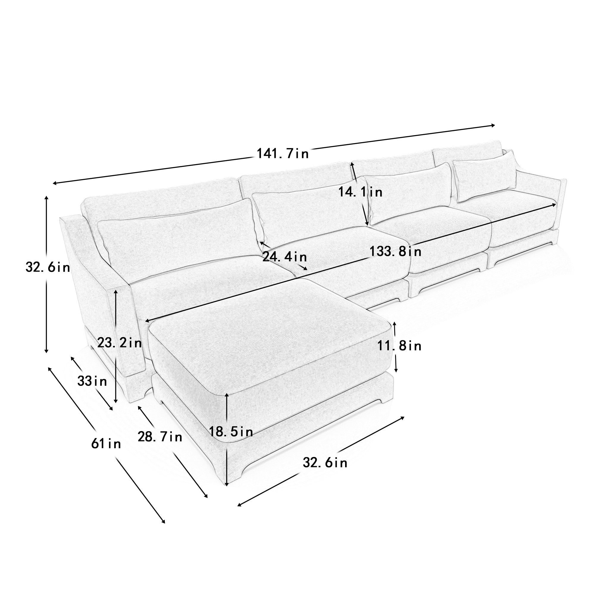 Four - seater sofa, 1 movable ottoman, Chenille fabric, high - quality wooden base, ergonomic, High - resilient sponge, easy install, Suits studies, living rooms, lounges,White