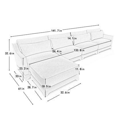 Four - seater sofa, 1 movable ottoman, Chenille fabric, high - quality wooden base, ergonomic, High - resilient sponge, easy install, Suits studies, living rooms, lounges,White