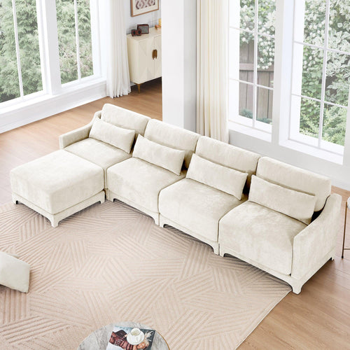 Ergonomic White Chenille Four-Seater Sofa with Ottoman.