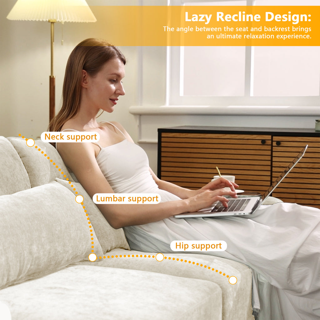 Four - seater sofa, 1 movable ottoman, Chenille fabric, high - quality wooden base, ergonomic, High - resilient sponge, easy install, Suits studies, living rooms, lounges,White