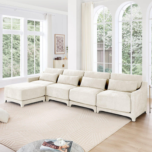 Ergonomic White Chenille Four-Seater Sofa with Ottoman.
