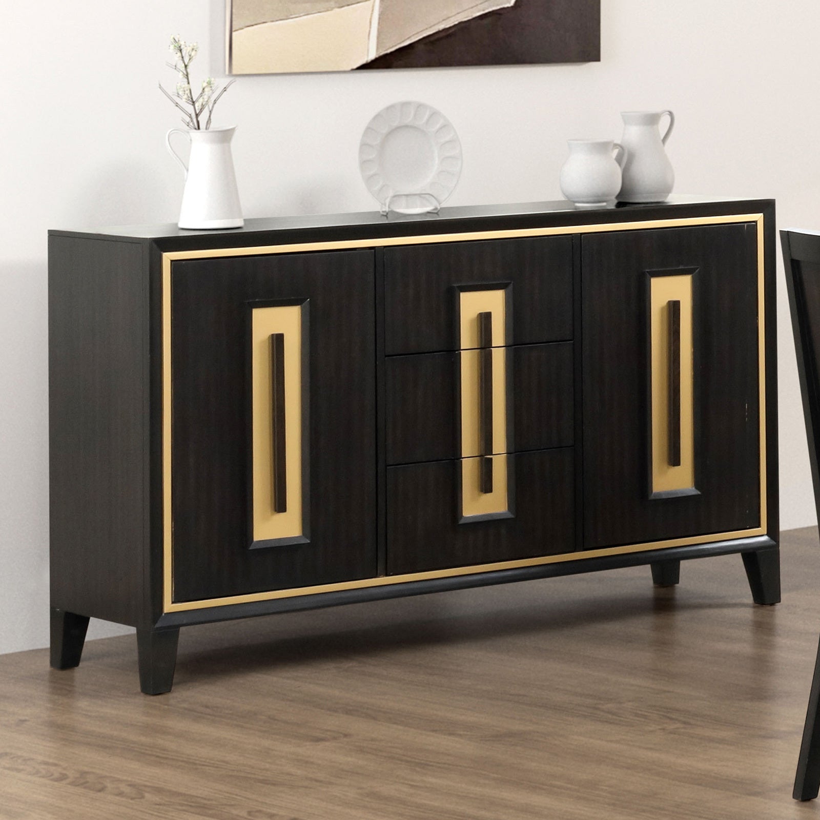 Espresso 1pc Server Storage Drawers Wood Handle Gold accent Trim Server Dining Room Furniture
