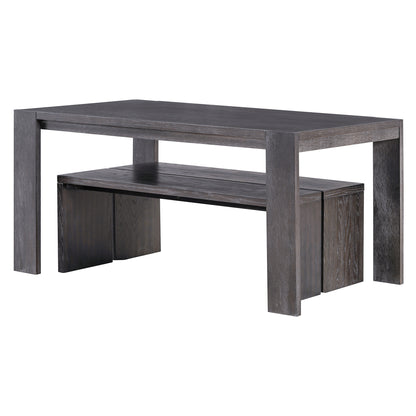 TREXM 3-piece Farmhouse Style Simple Dining Set, Dining Table and 2 Benches, for Dining Room, Kitchen and Living Room (Espresso)