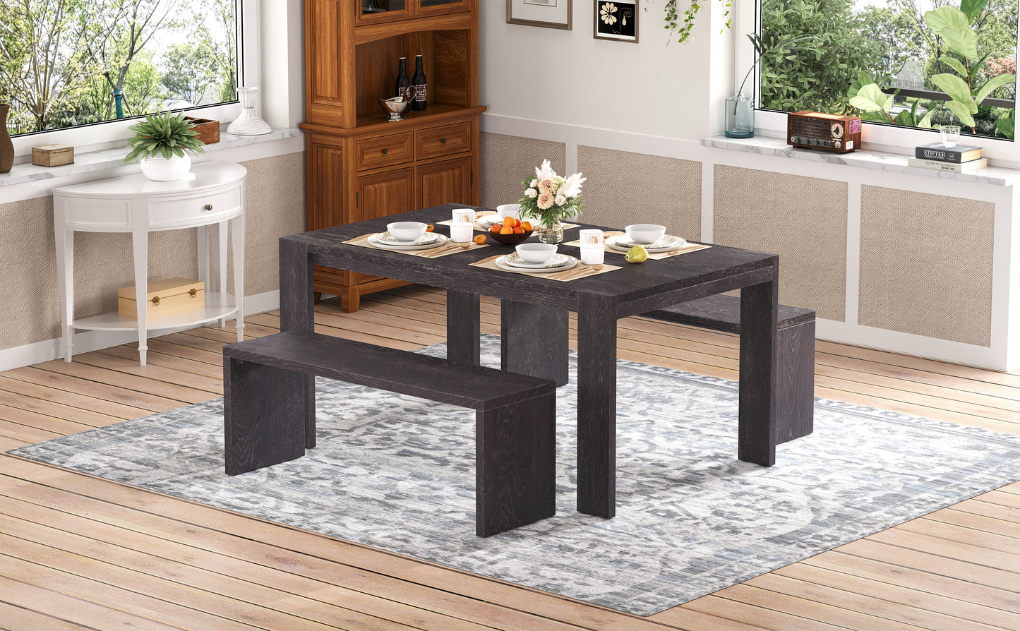 TREXM 3-piece Farmhouse Style Simple Dining Set, Dining Table and 2 Benches, for Dining Room, Kitchen and Living Room (Espresso)