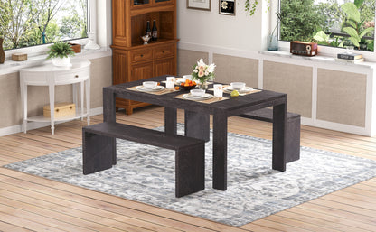 TREXM 3-piece Farmhouse Style Simple Dining Set, Dining Table and 2 Benches, for Dining Room, Kitchen and Living Room (Espresso)