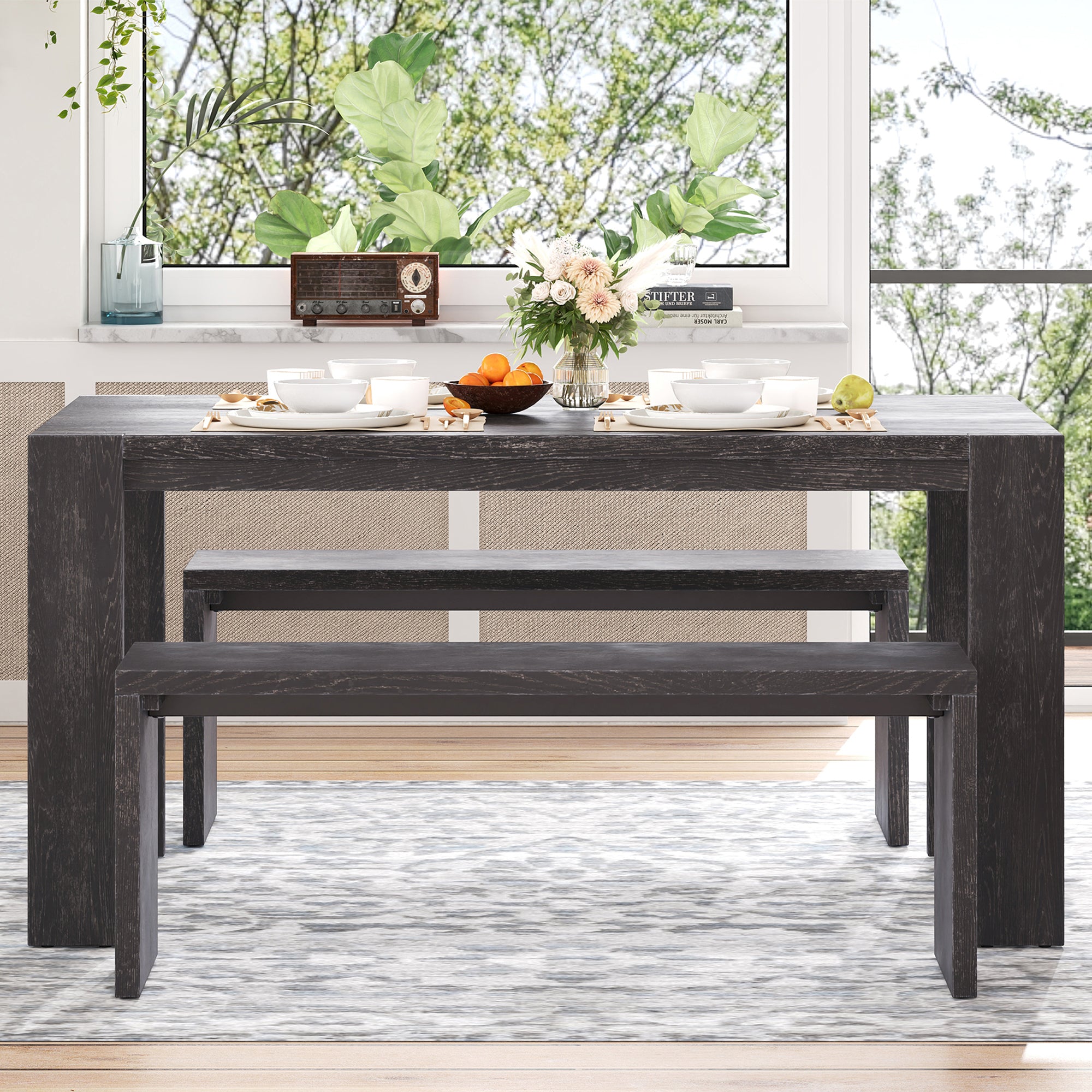 TREXM 3-piece Farmhouse Style Simple Dining Set, Dining Table and 2 Benches, for Dining Room, Kitchen and Living Room (Espresso)