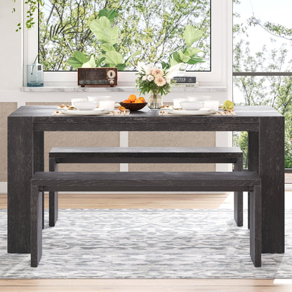 TREXM 3-piece Farmhouse Style Simple Dining Set, Dining Table and 2 Benches, for Dining Room, Kitchen and Living Room (Espresso)