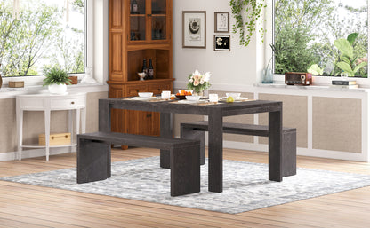 TREXM 3-piece Farmhouse Style Simple Dining Set, Dining Table and 2 Benches, for Dining Room, Kitchen and Living Room (Espresso)