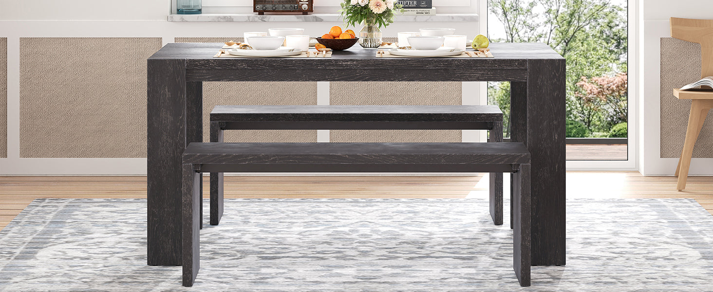 TREXM 3-piece Farmhouse Style Simple Dining Set, Dining Table and 2 Benches, for Dining Room, Kitchen and Living Room (Espresso)