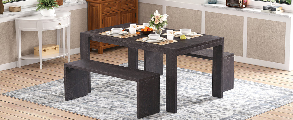 TREXM 3-piece Farmhouse Style Simple Dining Set, Dining Table and 2 Benches, for Dining Room, Kitchen and Living Room (Espresso)