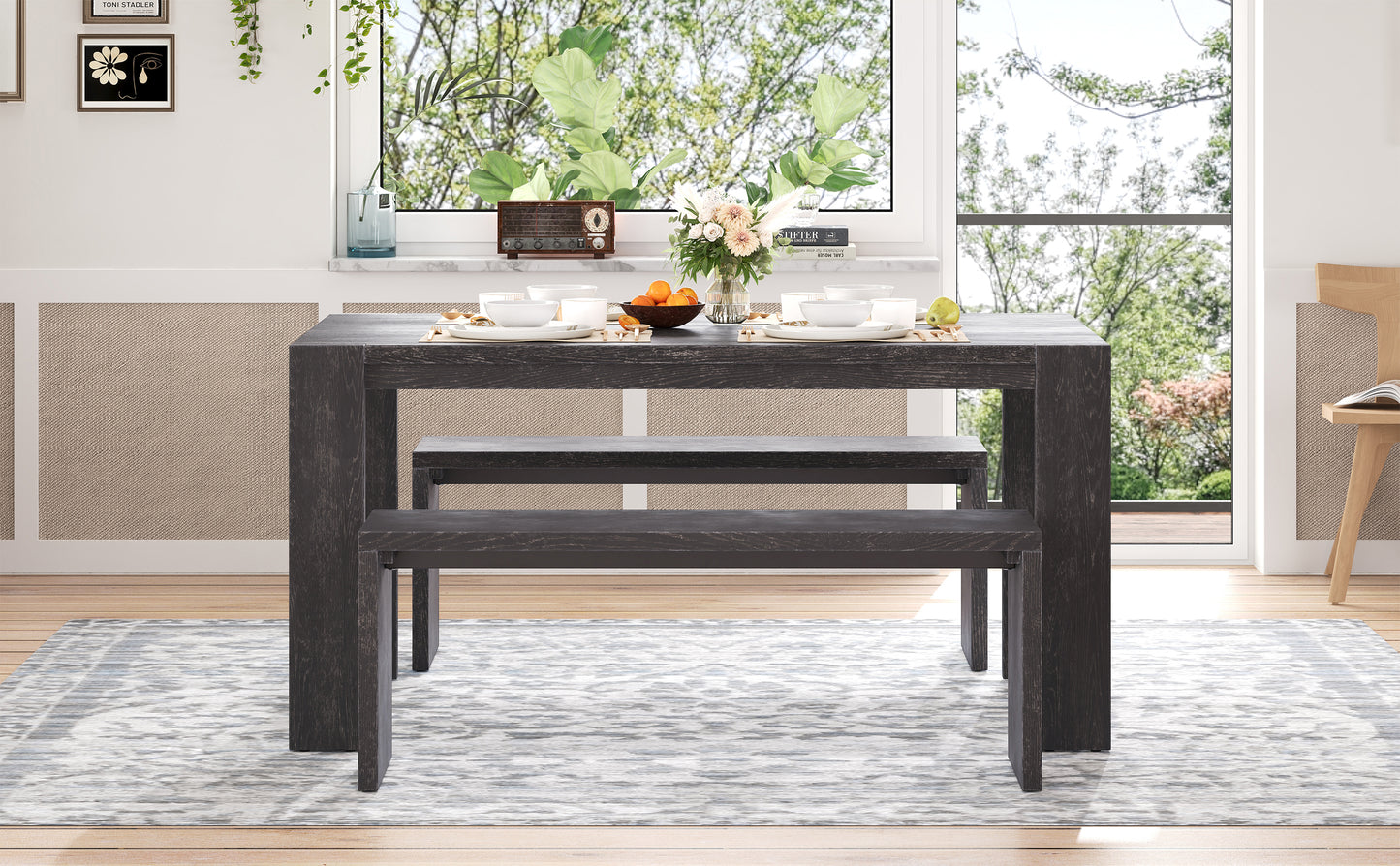 TREXM 3-piece Farmhouse Style Simple Dining Set, Dining Table and 2 Benches, for Dining Room, Kitchen and Living Room (Espresso)