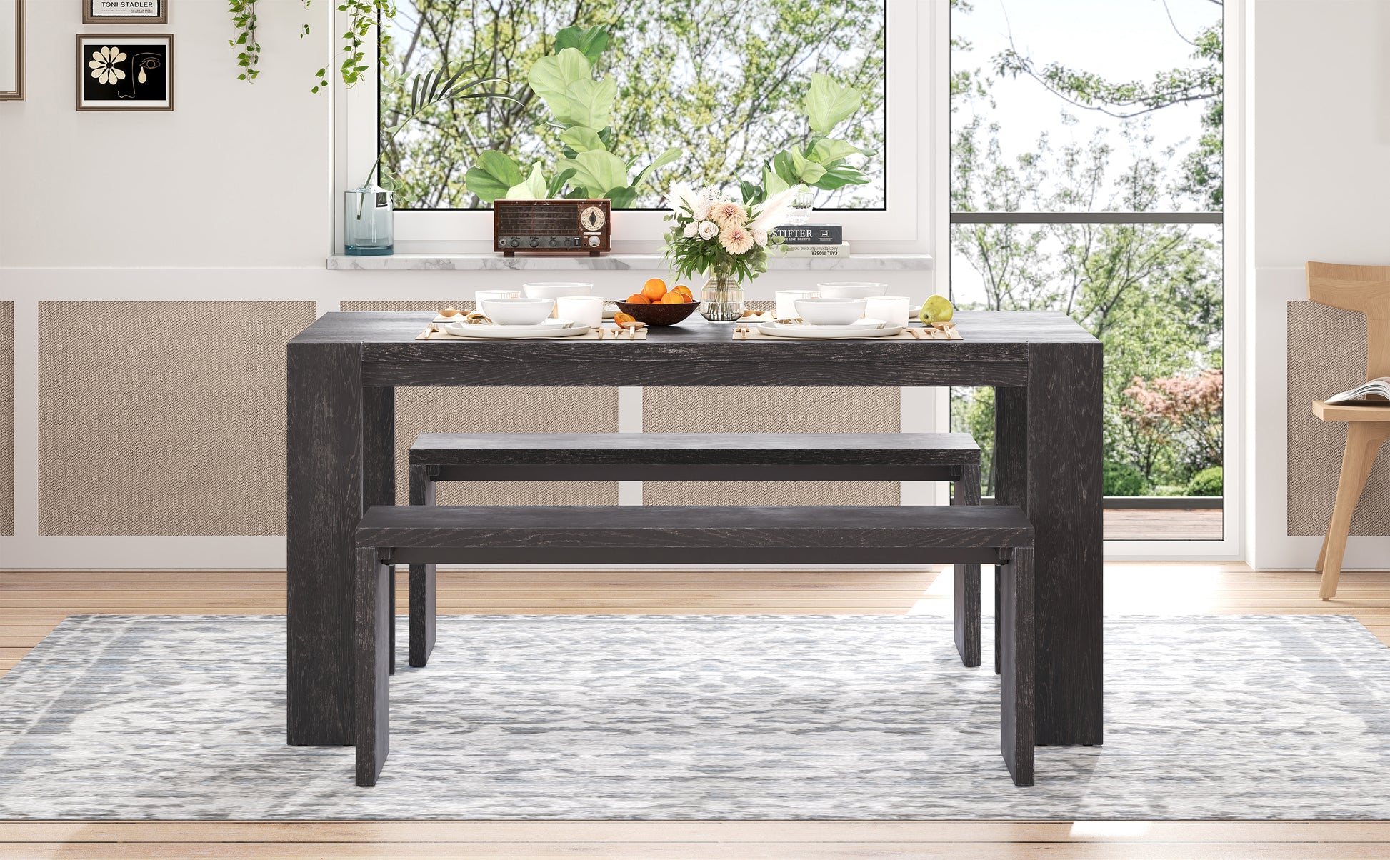 TREXM 3-piece Farmhouse Style Simple Dining Set, Dining Table and 2 Benches, for Dining Room, Kitchen and Living Room (Espresso)