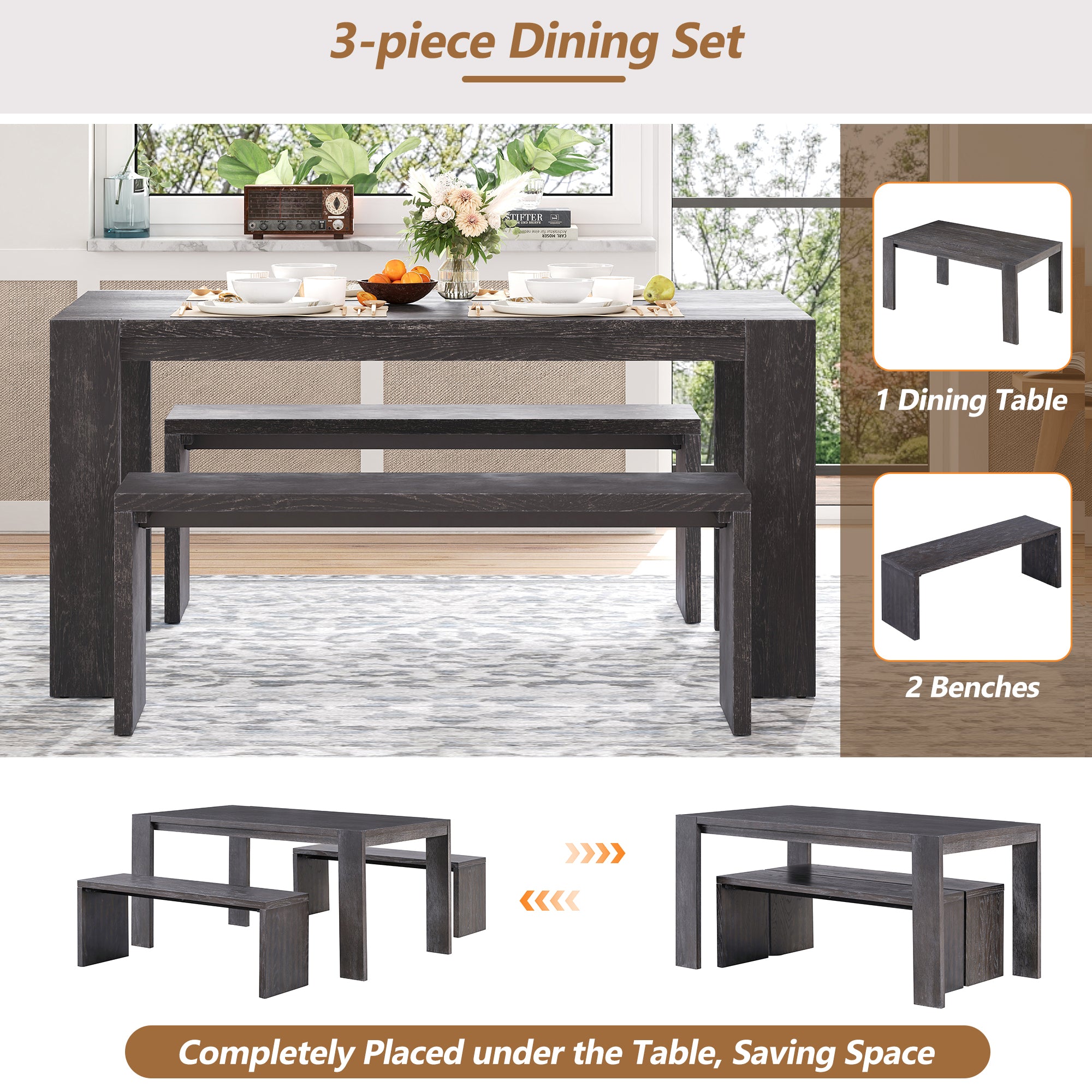 TREXM 3-piece Farmhouse Style Simple Dining Set, Dining Table and 2 Benches, for Dining Room, Kitchen and Living Room (Espresso)