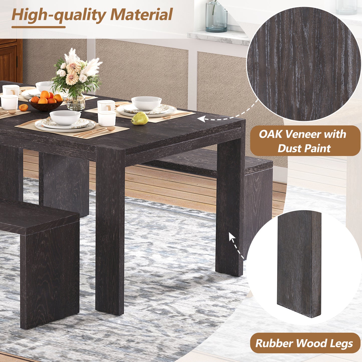 TREXM 3-piece Farmhouse Style Simple Dining Set, Dining Table and 2 Benches, for Dining Room, Kitchen and Living Room (Espresso)