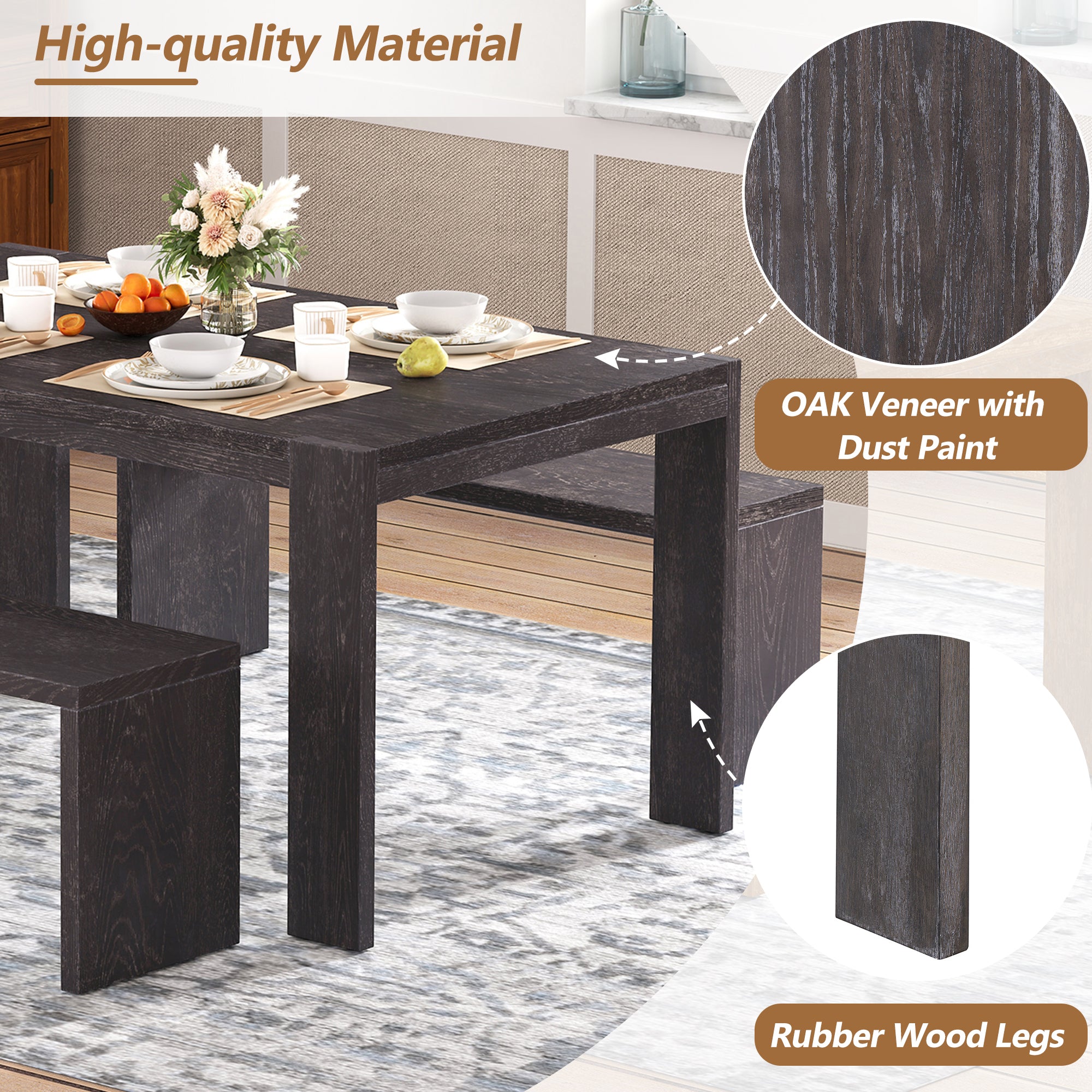 TREXM 3-piece Farmhouse Style Simple Dining Set, Dining Table and 2 Benches, for Dining Room, Kitchen and Living Room (Espresso)